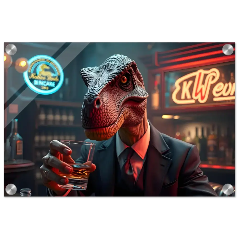 Dapper dinosaur drinking whiskey depicted in acrylic art print Whiskey Raptor After Hours Instincts