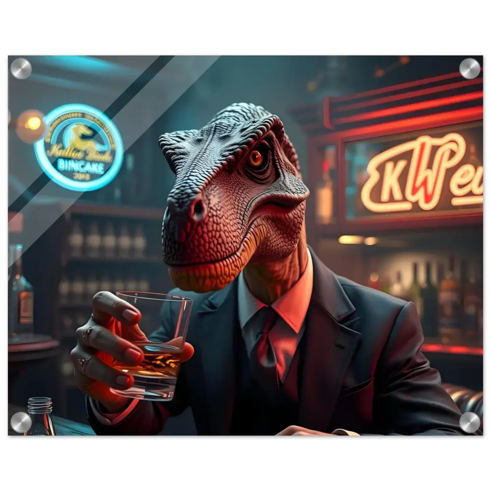 Acrylic art print of a Dinosaur in a suit drinking whiskey for Whiskey Raptor After Hours