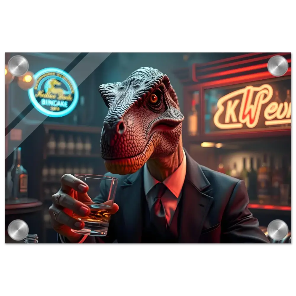 Acrylic art print of a dinosaur in a suit drinking whiskey called Whiskey Raptor After Hours Instincts by PixiOnyx