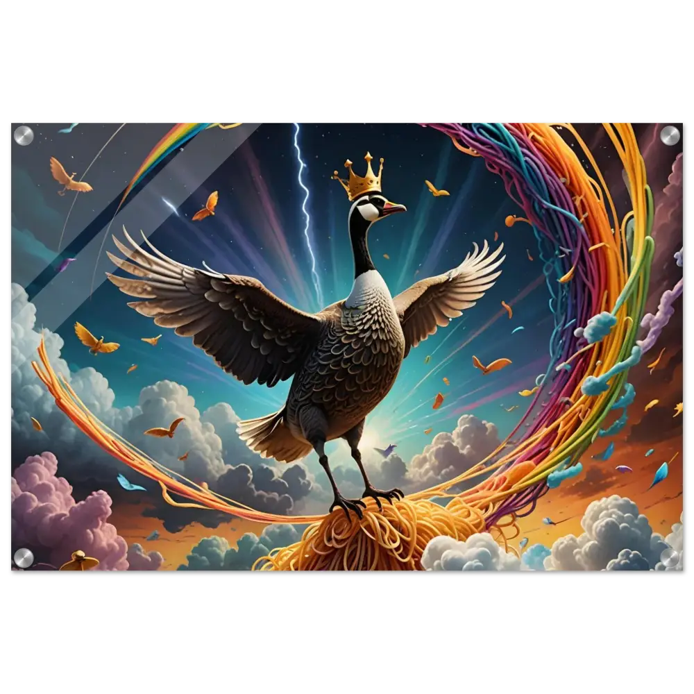Whimsical goose king with rainbow spaghetti on Acrylic Goose Ascension Noodle Nirvana display