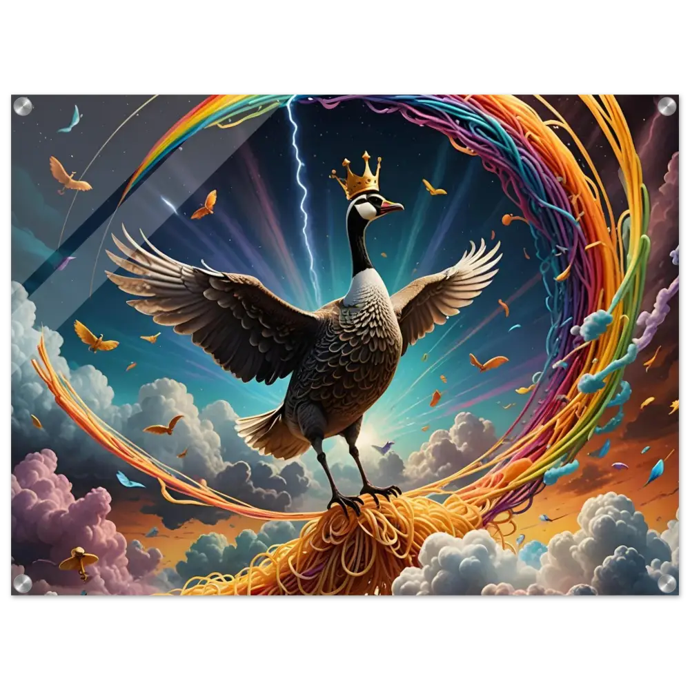 Whimsical goose king sitting on spaghetti cloud in Acrylic Goose Ascension Noodle Nirvana display