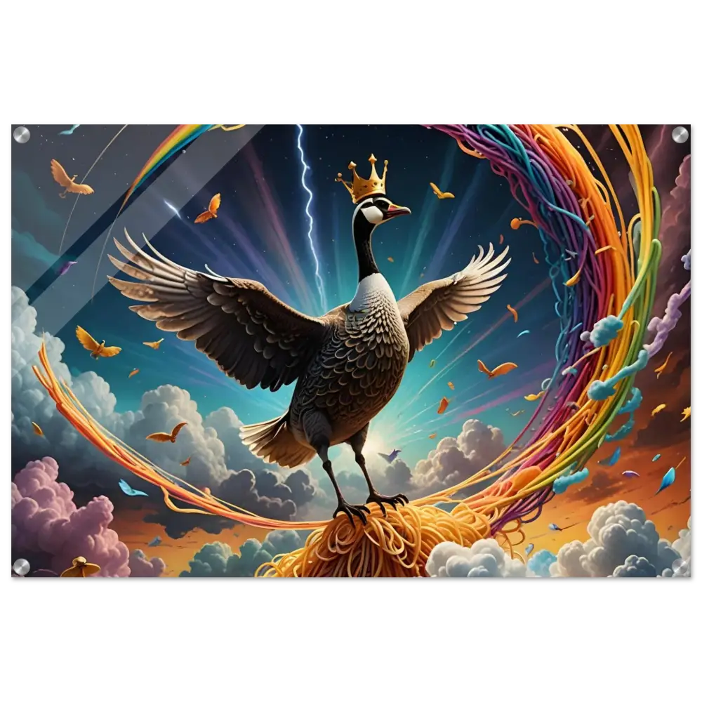 Whimsical Goose King perched on spaghetti in Acrylic Goose Ascension Noodle Nirvana display