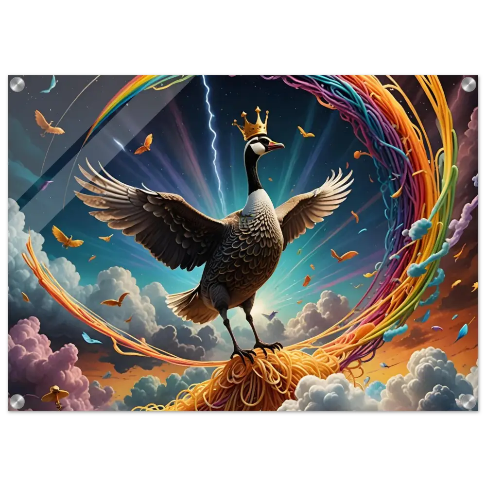 Whimsical goose king sitting on spaghetti in Acrylic Goose Ascension Noodle Nirvana display