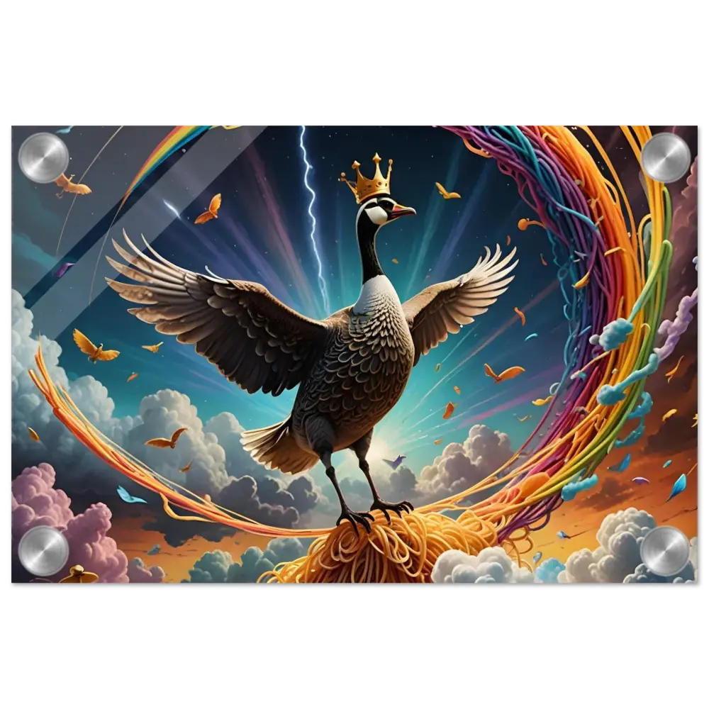 Crowned goose sitting on spaghetti in Acrylic Goose Ascension Noodle Nirvana display