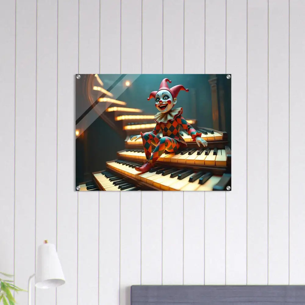Clown sitting on piano keys acrylic marionette wall art PixiOnyx glossy display