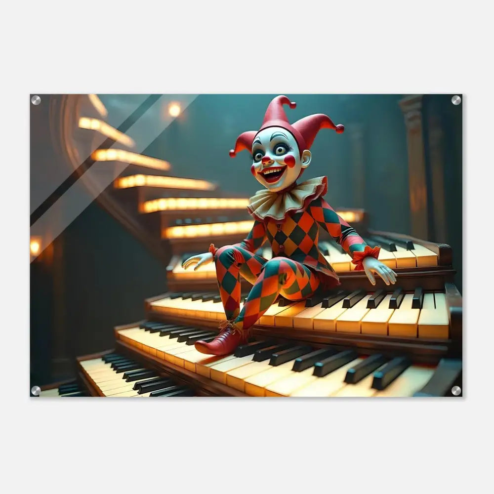 Harlequin doll on piano stairs acrylic marionette wall art PixiOnyx glossy display