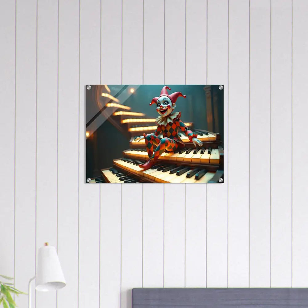 Clown sitting on piano keys acrylic wall art for The Puppets Prelude PixiOnyx display
