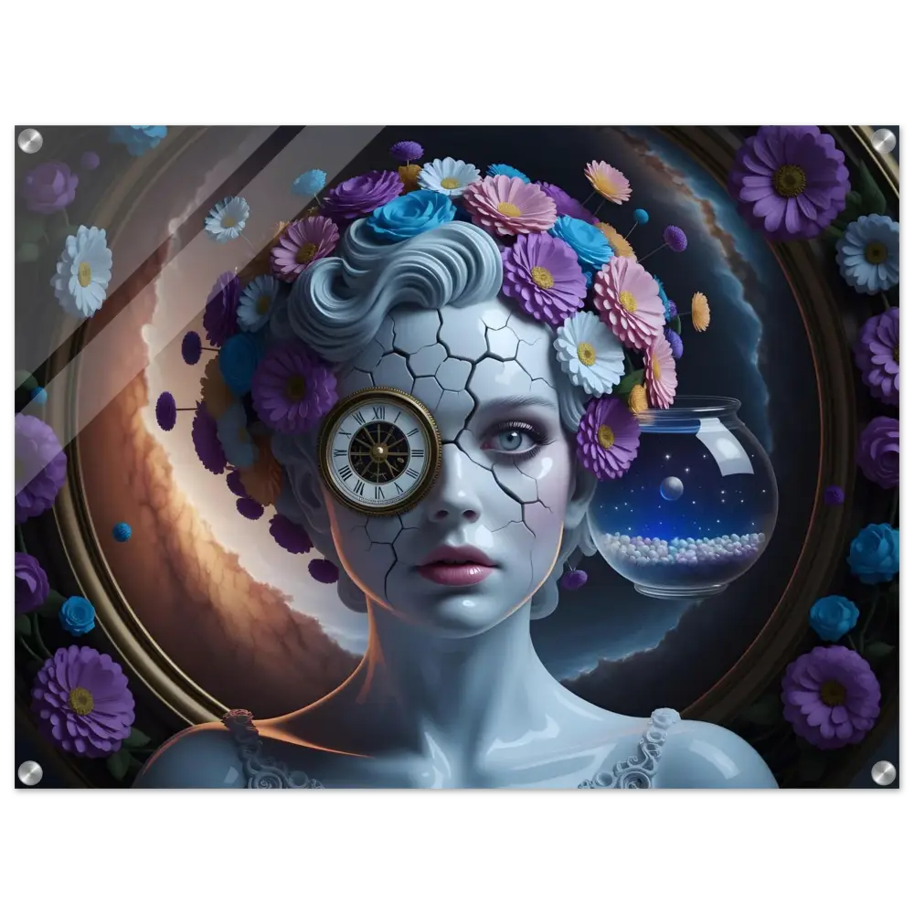 Surreal floral-crowned woman with a clock eye in Acrylic Portrait Fractured Time PixiOnyx