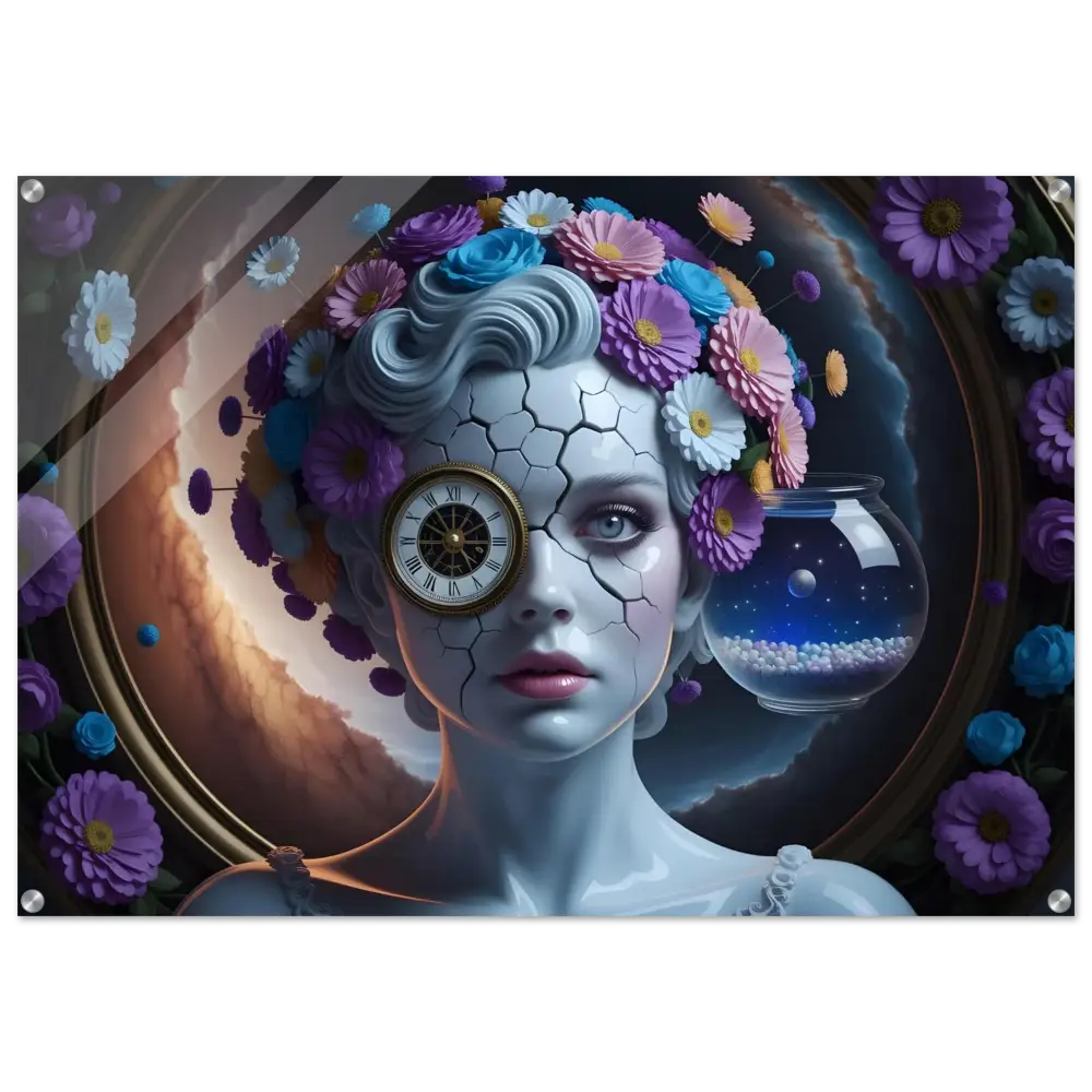 Surreal floral-crowned woman with clock eye in Acrylic Portrait Fractured Time by PixiOnyx