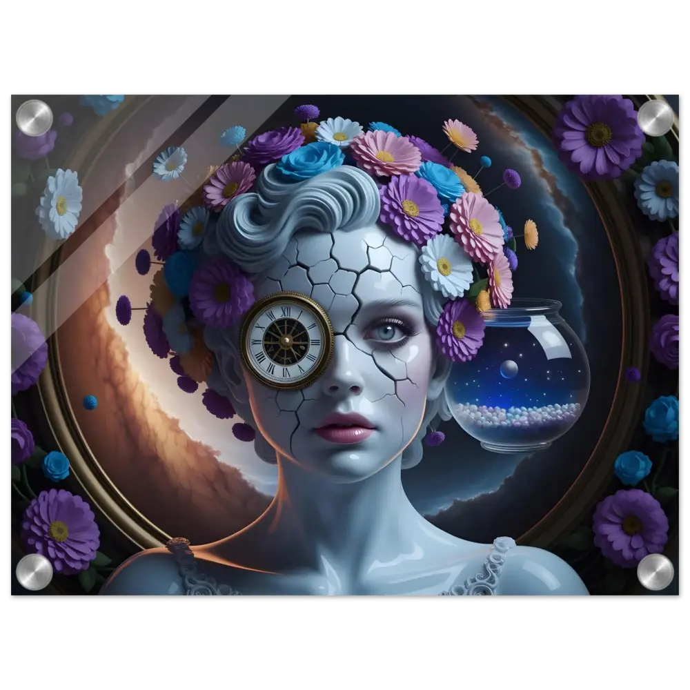 Surreal floral-crowned woman with clock eye and cracked porcelain skin in Acrylic Portrait Fractured Time
