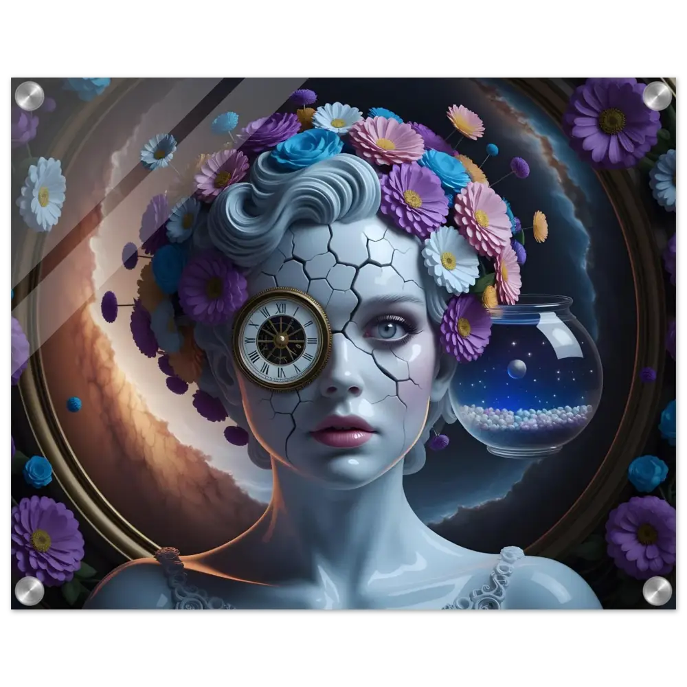 Surreal cracked porcelain woman with floral headdress and clock eye in Acrylic Portrait Fractured Time