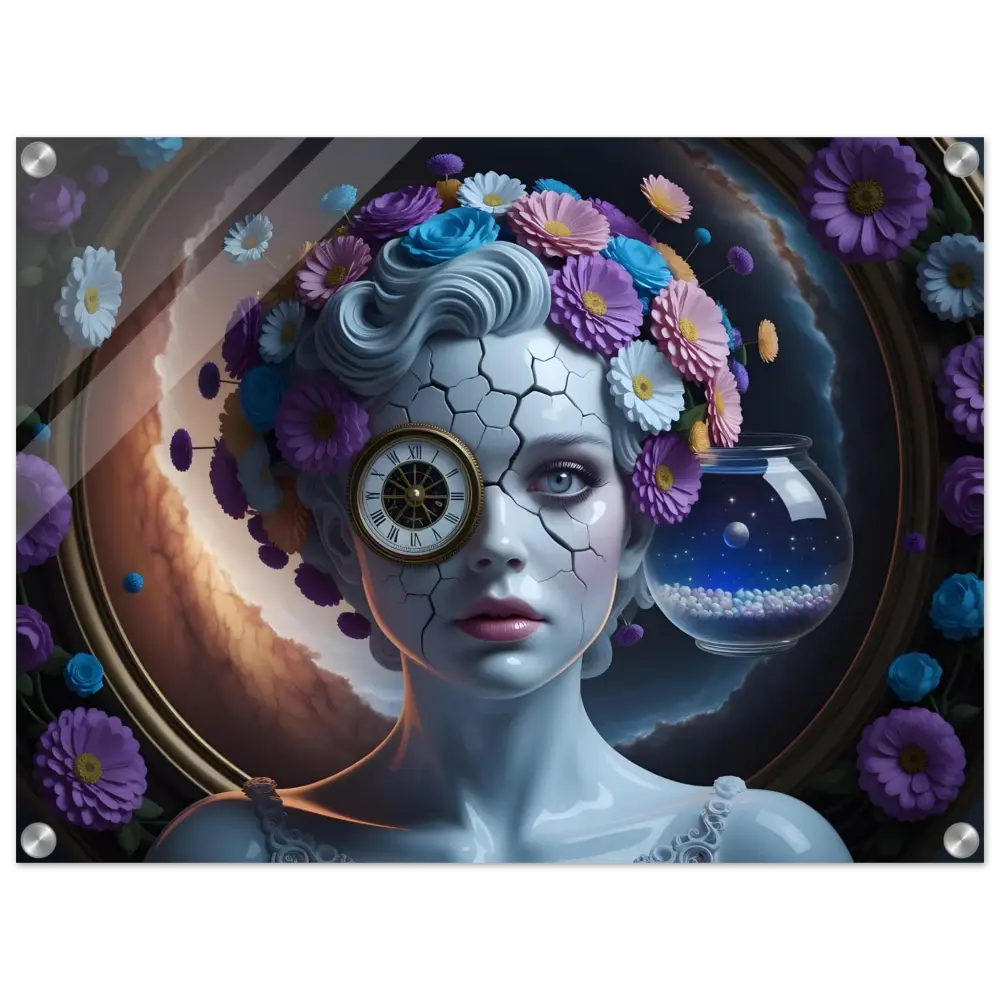 Surreal floral-crowned woman with cracked skin and a clock eye in Acrylic Portrait – Fractured Time by PixiOnyx Crystal Vision Panel