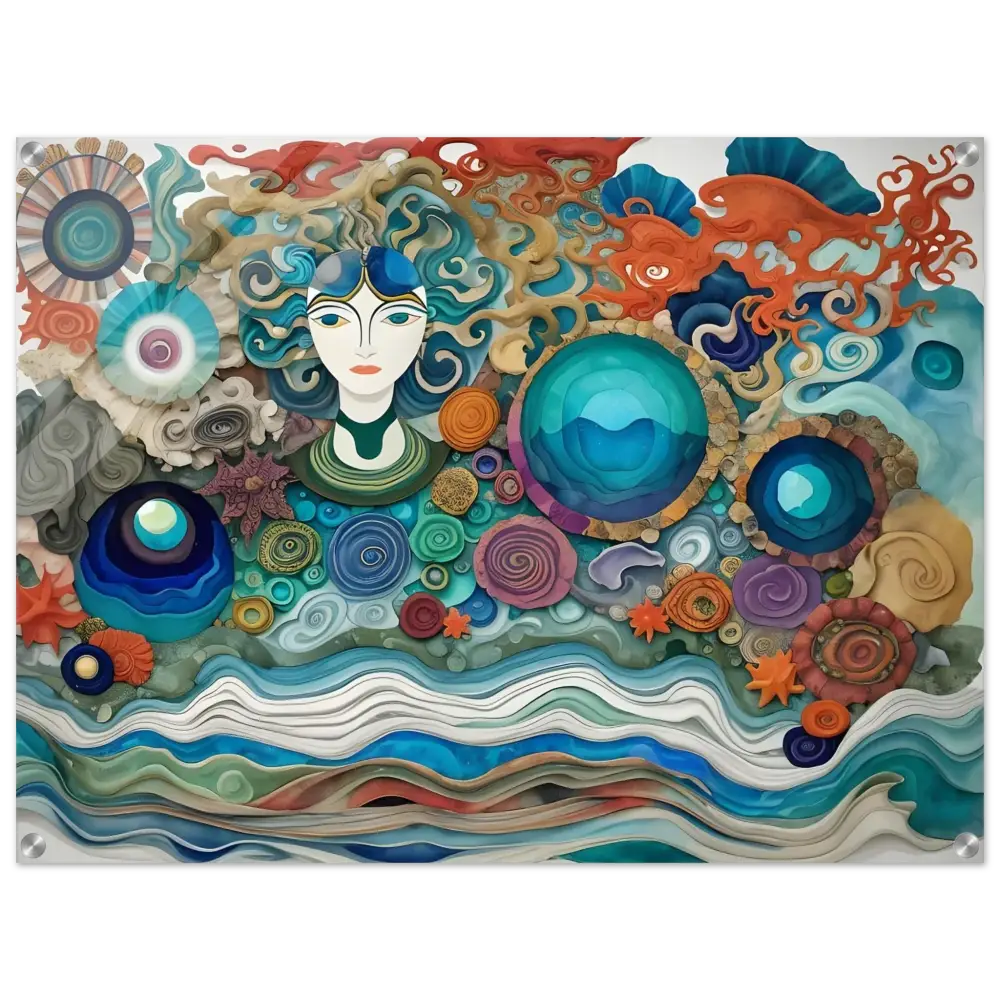 Whimsical ocean-themed paper art displayed on Acrylic Print Abstract Ocean Reverie PixiOnyx Dreamscape Crystal