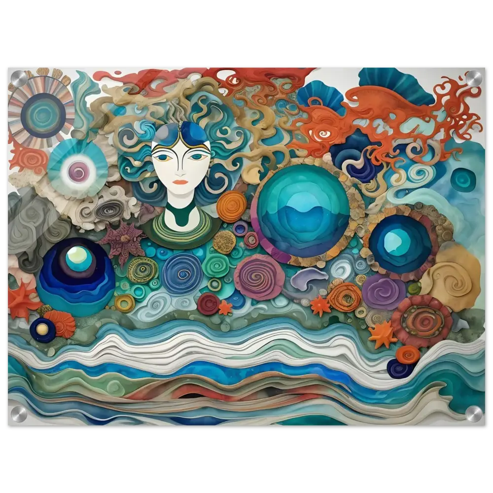 Whimsical ocean-themed paper art displayed on Acrylic Print Abstract Ocean Reverie