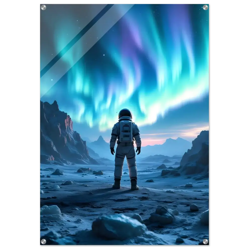 Framed astronaut under Aurora landscape acrylic print in PixiOnyx Lucid Ice Edition