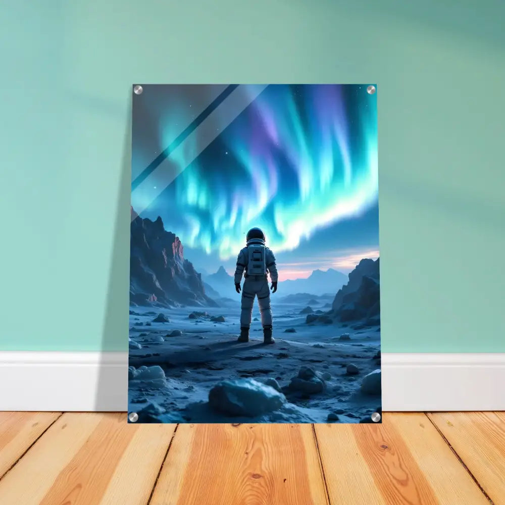 Framed astronaut aurora artwork on acrylic print titled Astronaut Under Aurora PixiOnyx Lucid Ice Edition