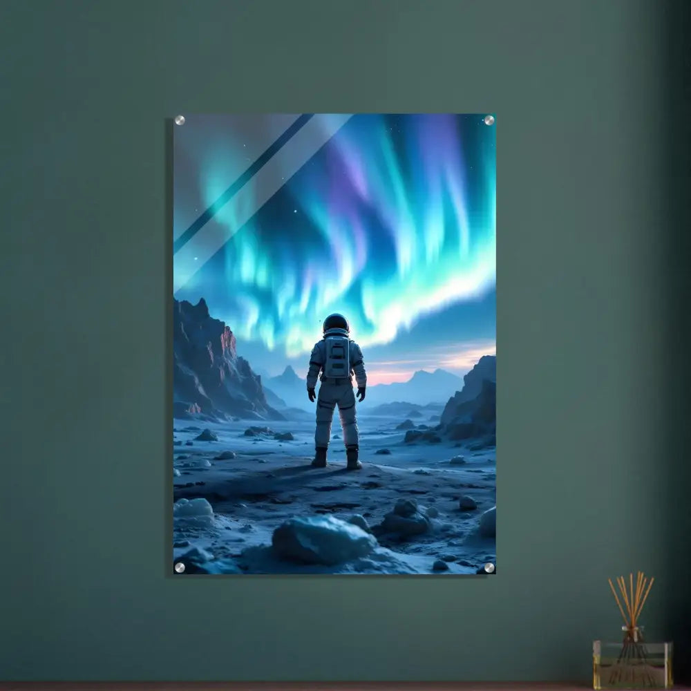 Framed astronaut with aurora artwork on acrylic print in PixiOnyx Lucid Ice Edition