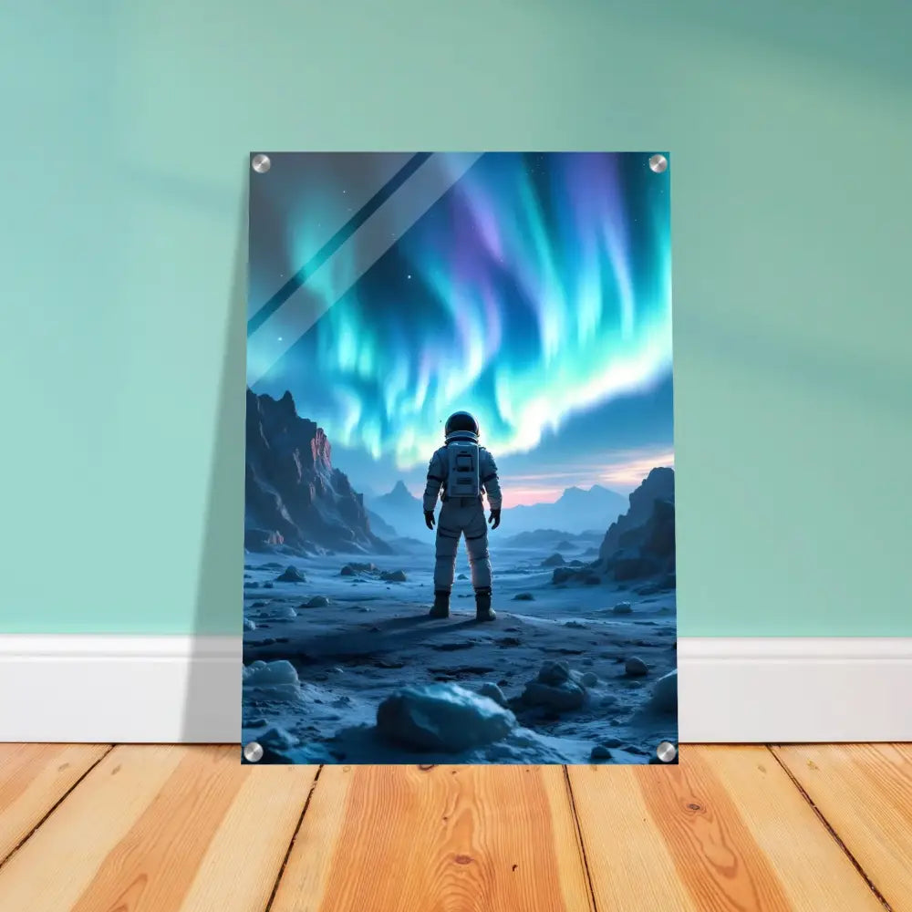 Framed astronaut under Aurora art acrylic print PixiOnyx Lucid Ice Edition