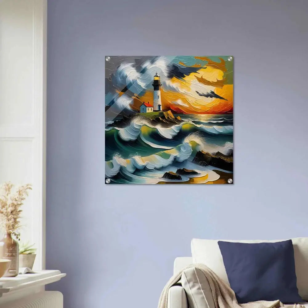 Vibrant acrylic print of a lighthouse by the wild ocean at sunset with a burning sky glows