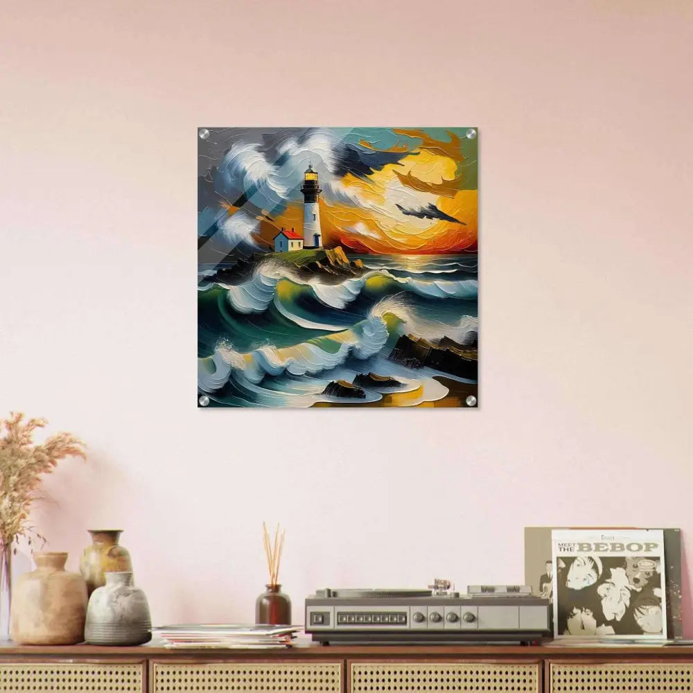 Acrylic print of a lighthouse by the wild ocean with a burning sky glows at sunset