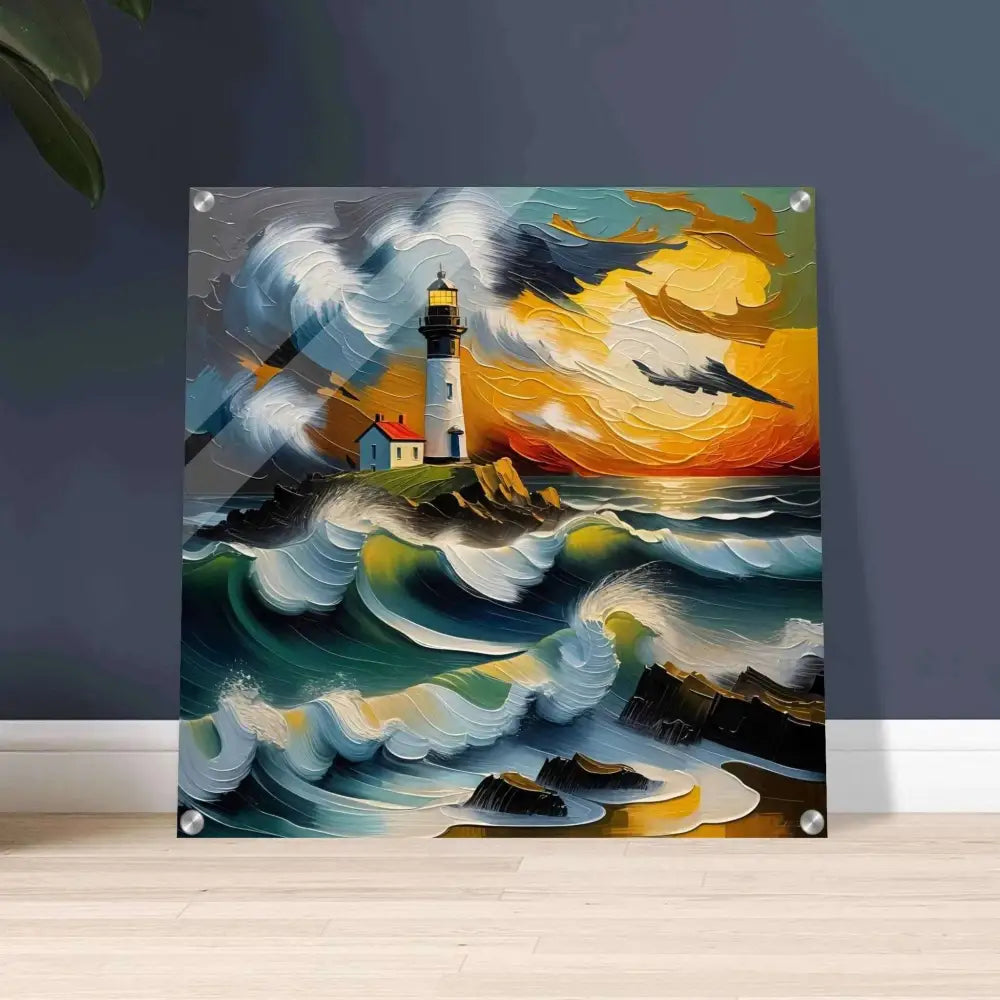 Square acrylic print of a lighthouse on a rocky shore with vibrant waves and a burning sky glows