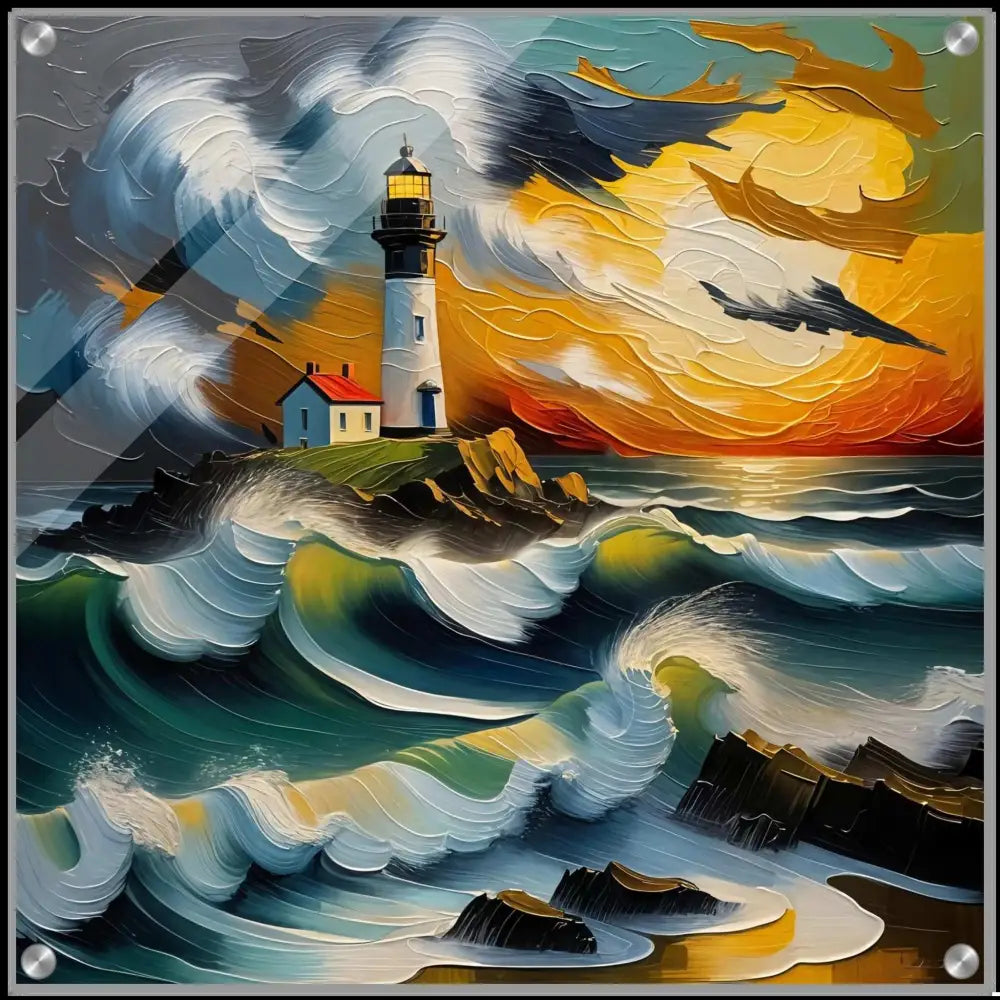 Acrylic Print Beacon in the Swell with crystal-clear acrylic elevates wild ocean scene and burning sky glows