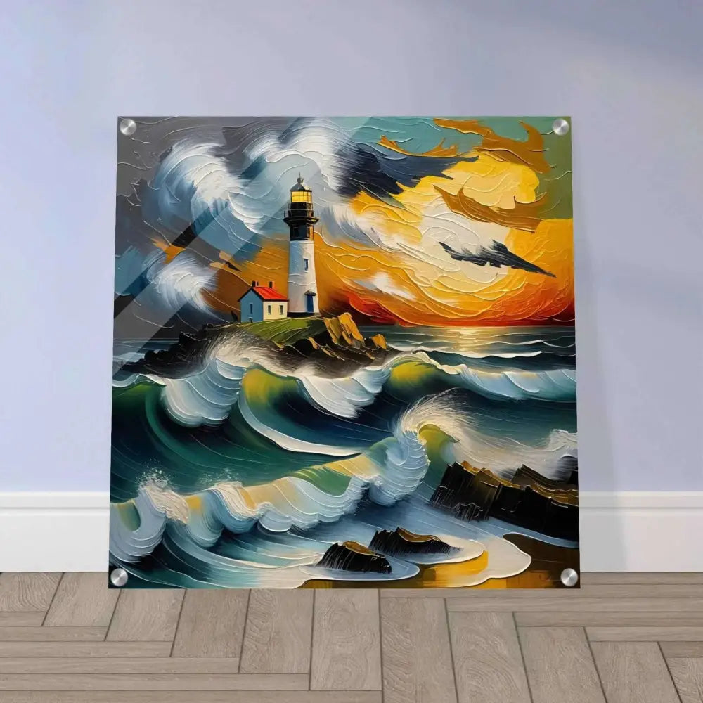 Acrylic print of a lighthouse on a rocky coast with wild ocean scene and burning sky glows