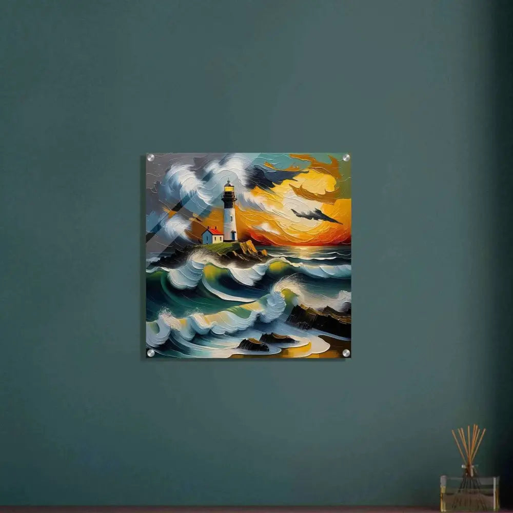 Acrylic print of a wild ocean scene with a lighthouse, burning sky glows, crystal-clear acrylic elevates