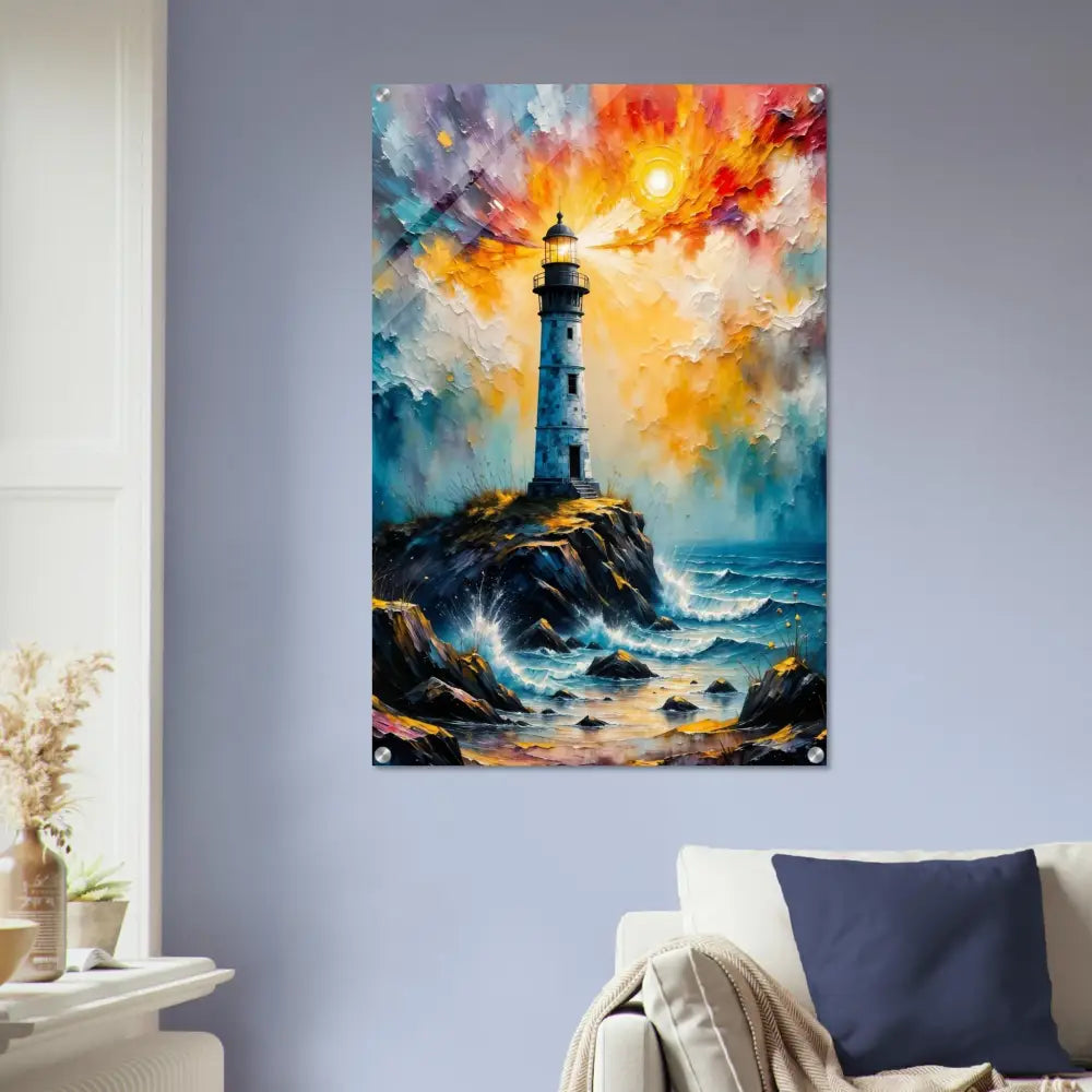 Impressionistic lighthouse acrylic print on high-gloss photo paper showcasing raw weather scene