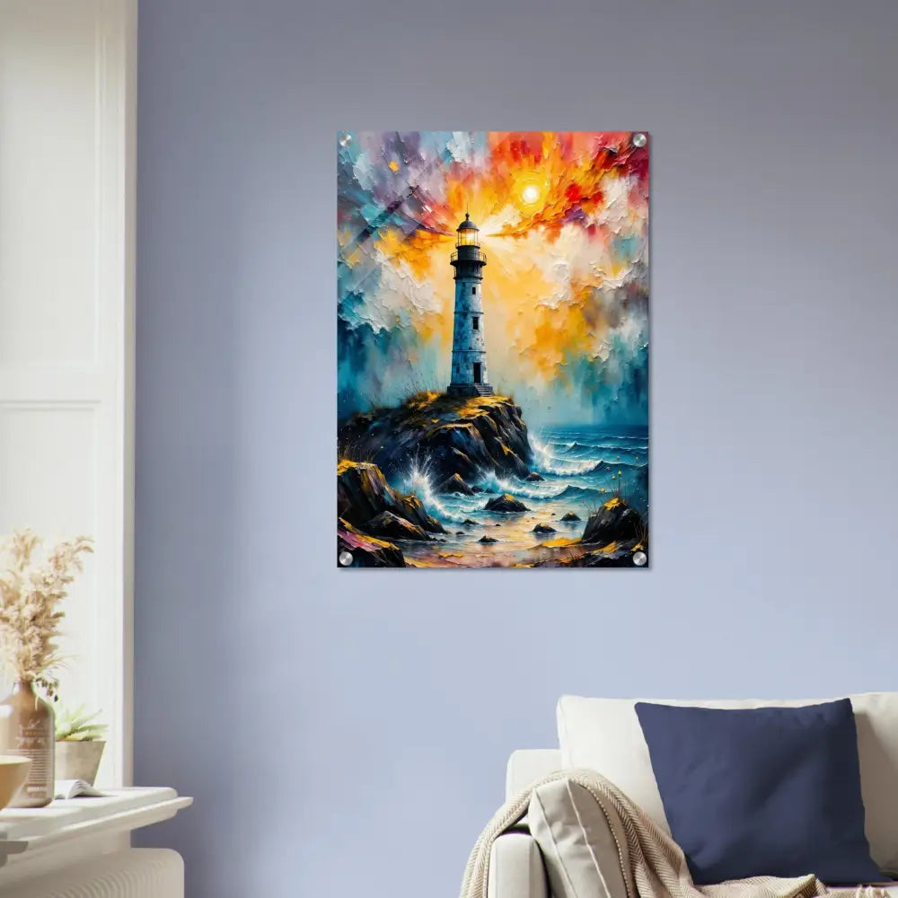 Vibrant impressionistic lighthouse painting on high-gloss photo paper acrylic print
