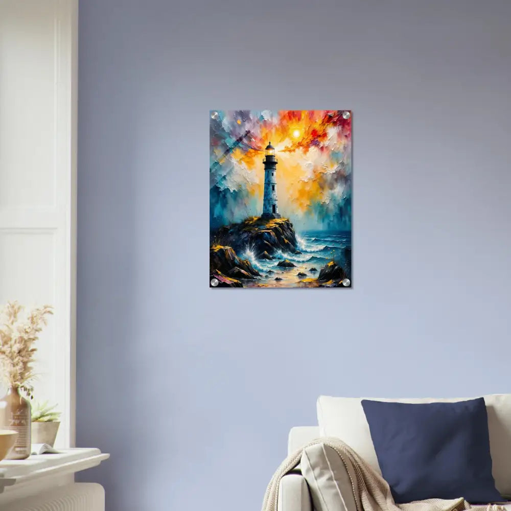 Impressionistic lighthouse painting on rocky coast, high-gloss photo paper acrylic print
