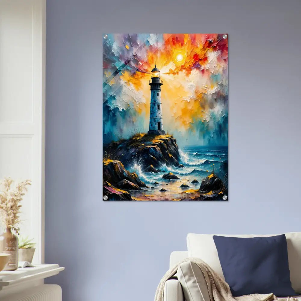 Vibrant lighthouse painting on rocky coast acrylic print high-gloss photo paper
