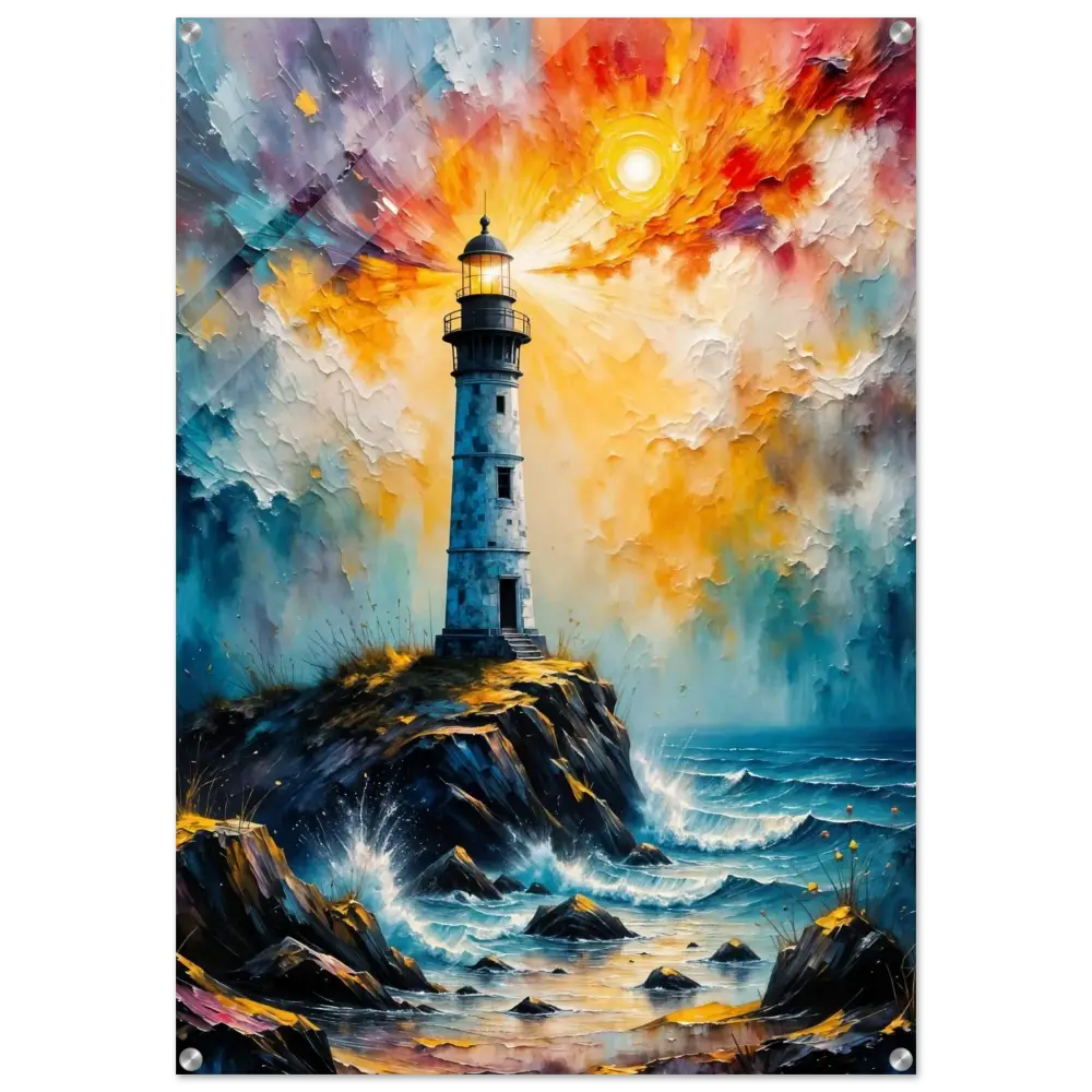 Acrylic Print of Lighthouse on rocky cliff with vibrant sky and crashing waves on high-gloss photo paper