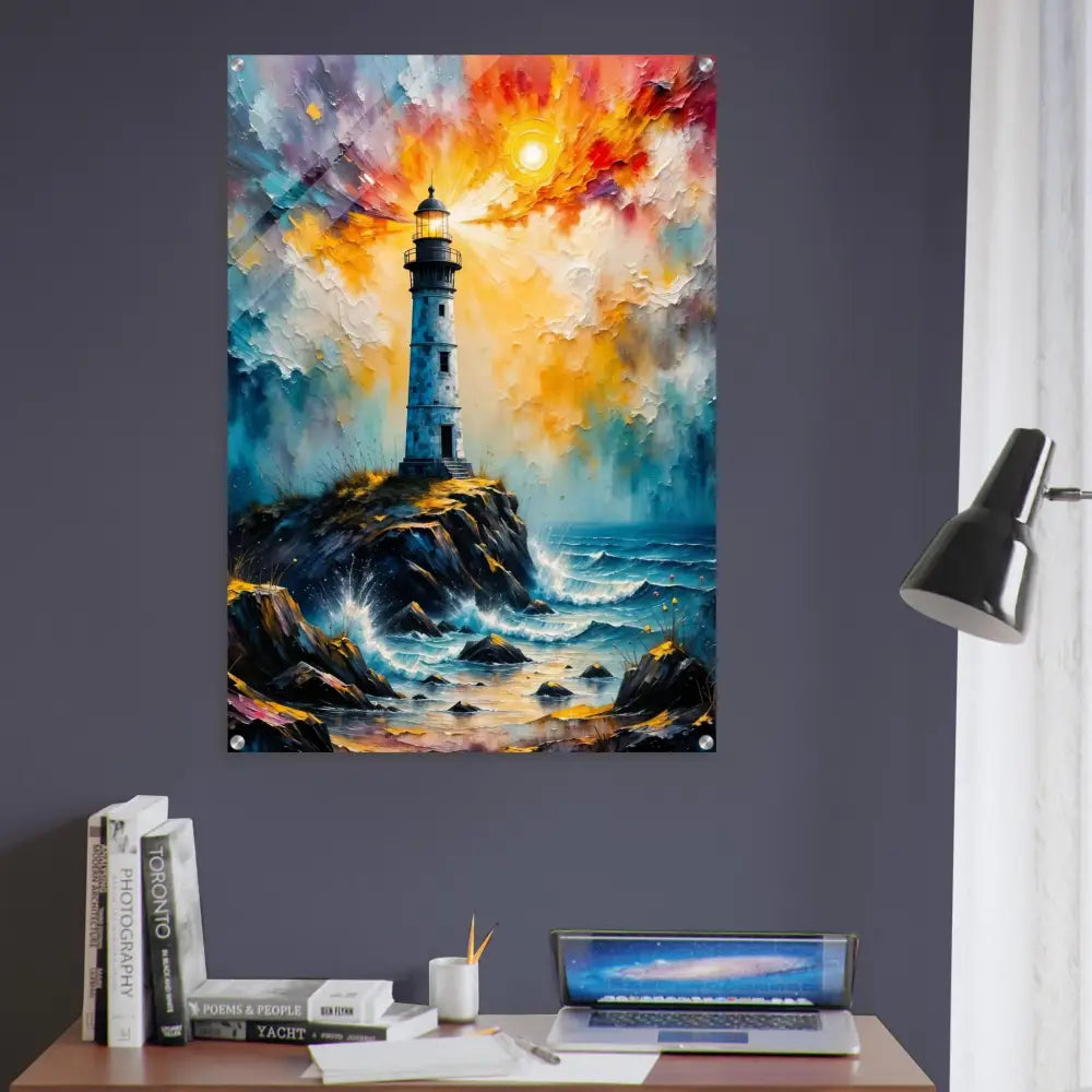 Vibrant colorful lighthouse painting on rocky coast acrylic print high-gloss photo paper