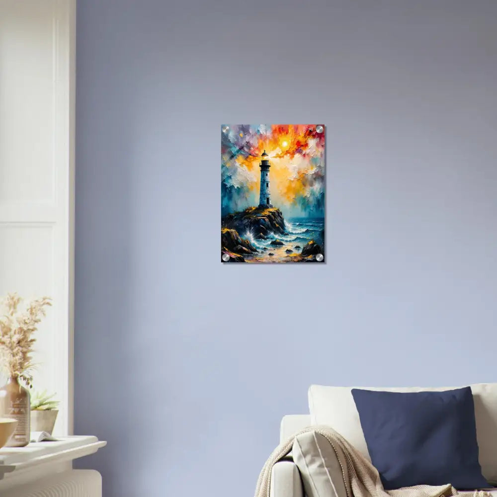 Vibrant impressionistic lighthouse painting on rocky coast, high-gloss photo paper print