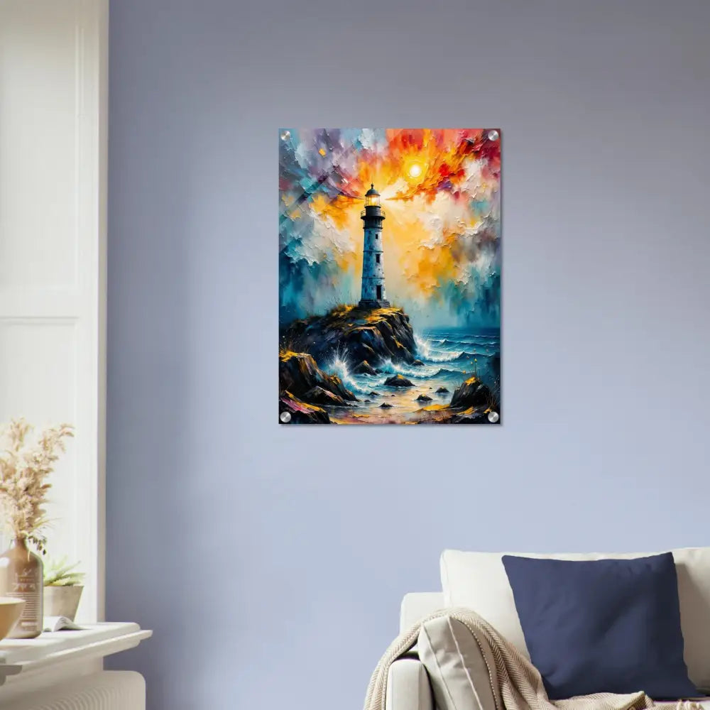 Impressionistic acrylic print of lighthouse on rocky coast under dramatic sky on high-gloss photo paper