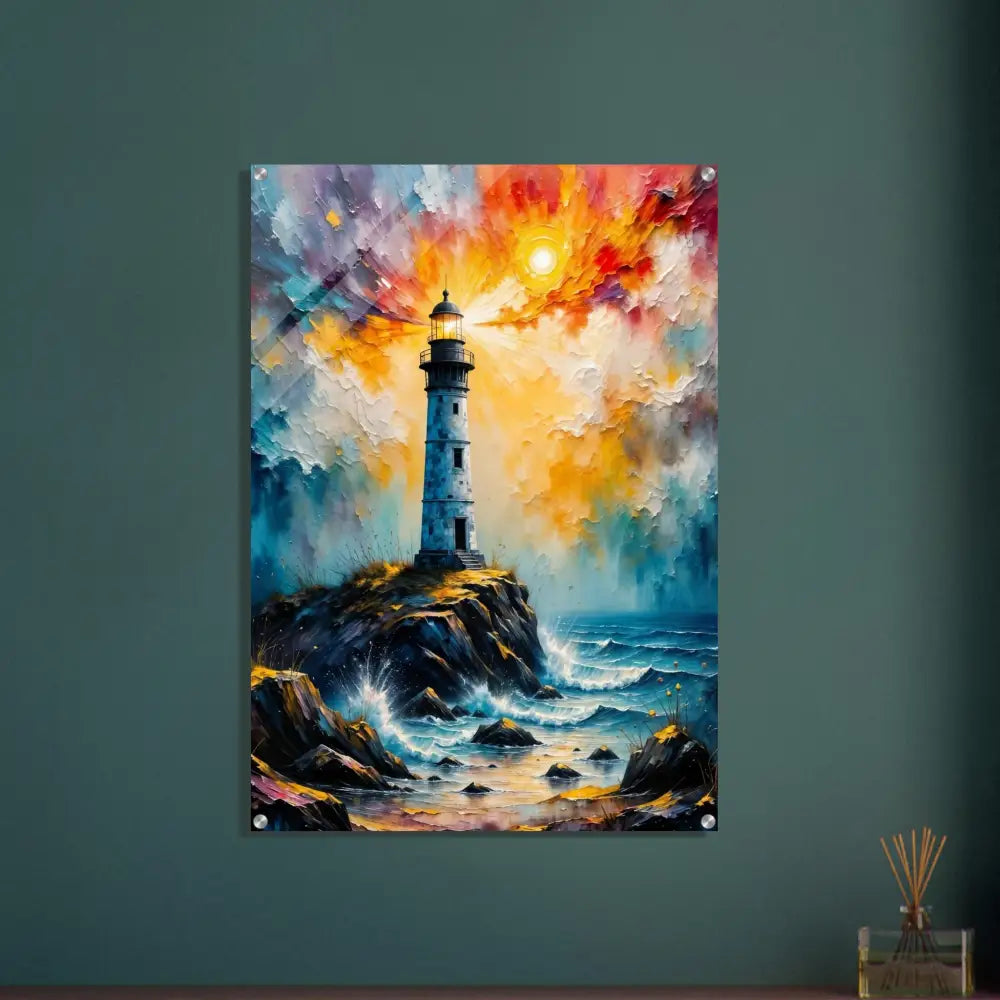 Vibrant impressionistic lighthouse painting on rocky coast, turns raw weather high-gloss photo paper