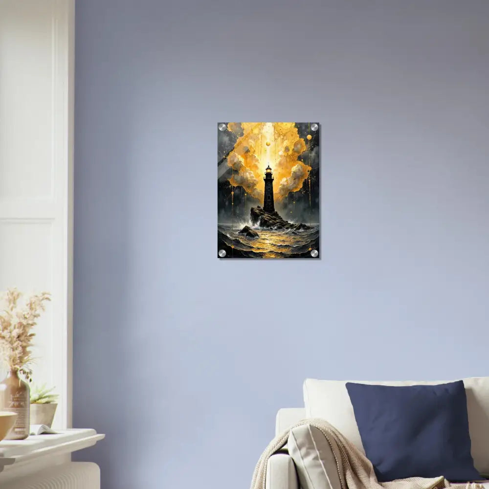 Luminous lighthouse stands tall on stormy sea with golden fury encased in glossy acrylic panel