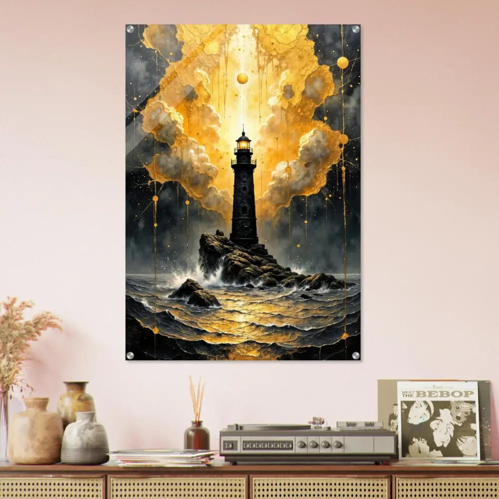 Acrylic print of a lighthouse stands tall in golden fury encased on a glossy acrylic panel