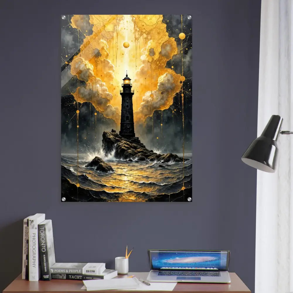Acrylic print of lighthouse stands tall amid turbulent waves under golden fury encased in glossy acrylic panel
