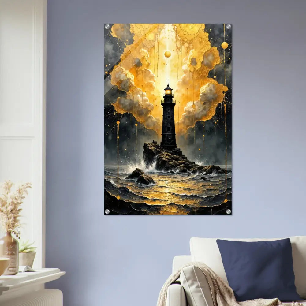 Acrylic print of a lighthouse stands tall on rocky island with golden fury encased in glossy acrylic panel