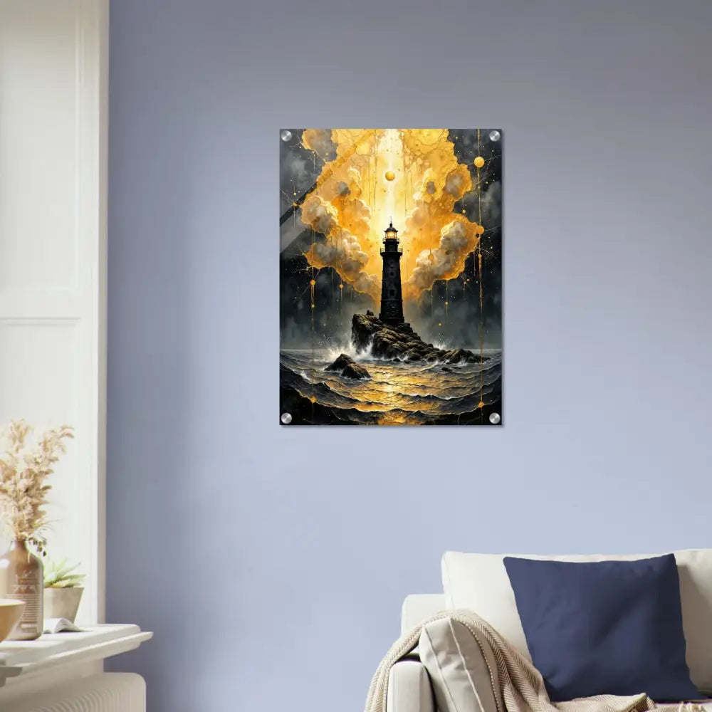 Acrylic print showcasing a lighthouse stands tall amid stormy sea with golden fury encased glossy acrylic panel
