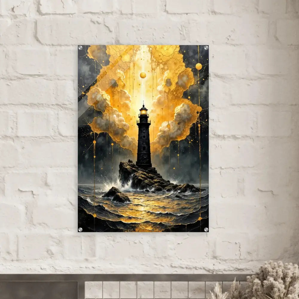 Acrylic Print Beacon of the Veil featuring lighthouse stands tall in golden fury encased stormy sea
