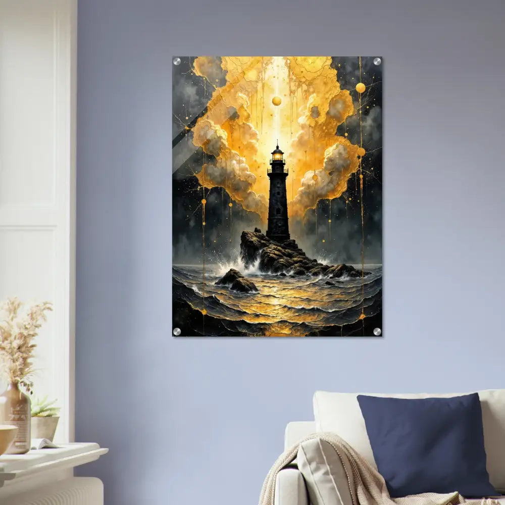 Vibrant acrylic print of lighthouse on rocky island with golden fury encased and glossy acrylic panel