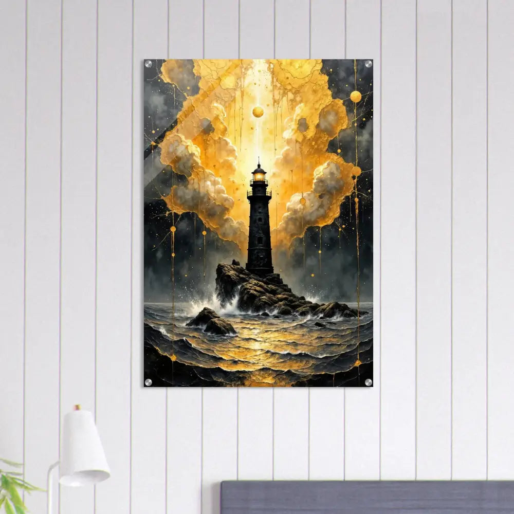 Vibrant golden-hued lighthouse artwork on glossy acrylic panel in Acrylic Print Beacon of the Veil