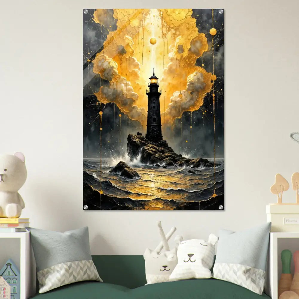 Vivid lighthouse on rocky island in golden fury encased acrylic print with stormy seas