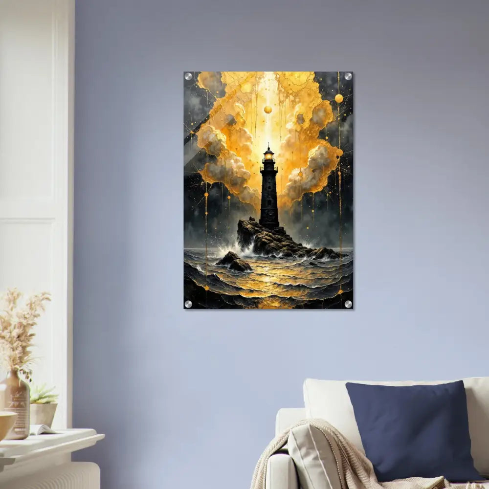 Vertical acrylic print featuring a lighthouse stands tall with golden fury encased in glossy acrylic panel