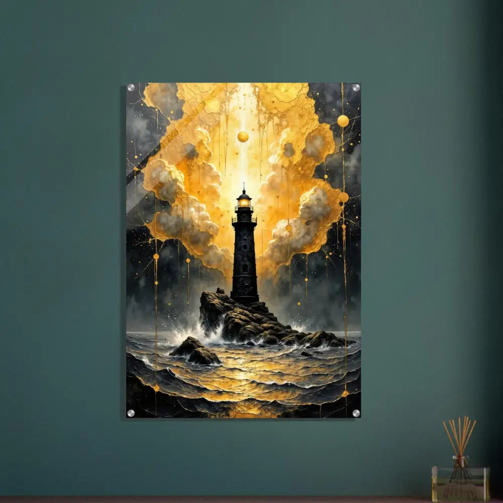 Acrylic print of a lighthouse stands tall amid stormy sea with golden fury encased in glossy acrylic panel