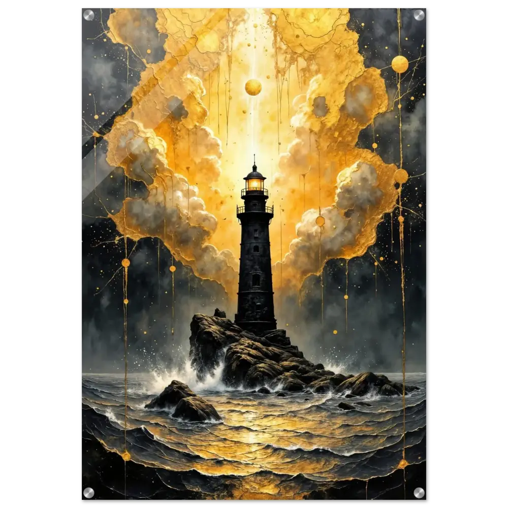Acrylic Print Beacon of the Veil features a lighthouse stands tall amid golden fury encased in glossy acrylic panel
