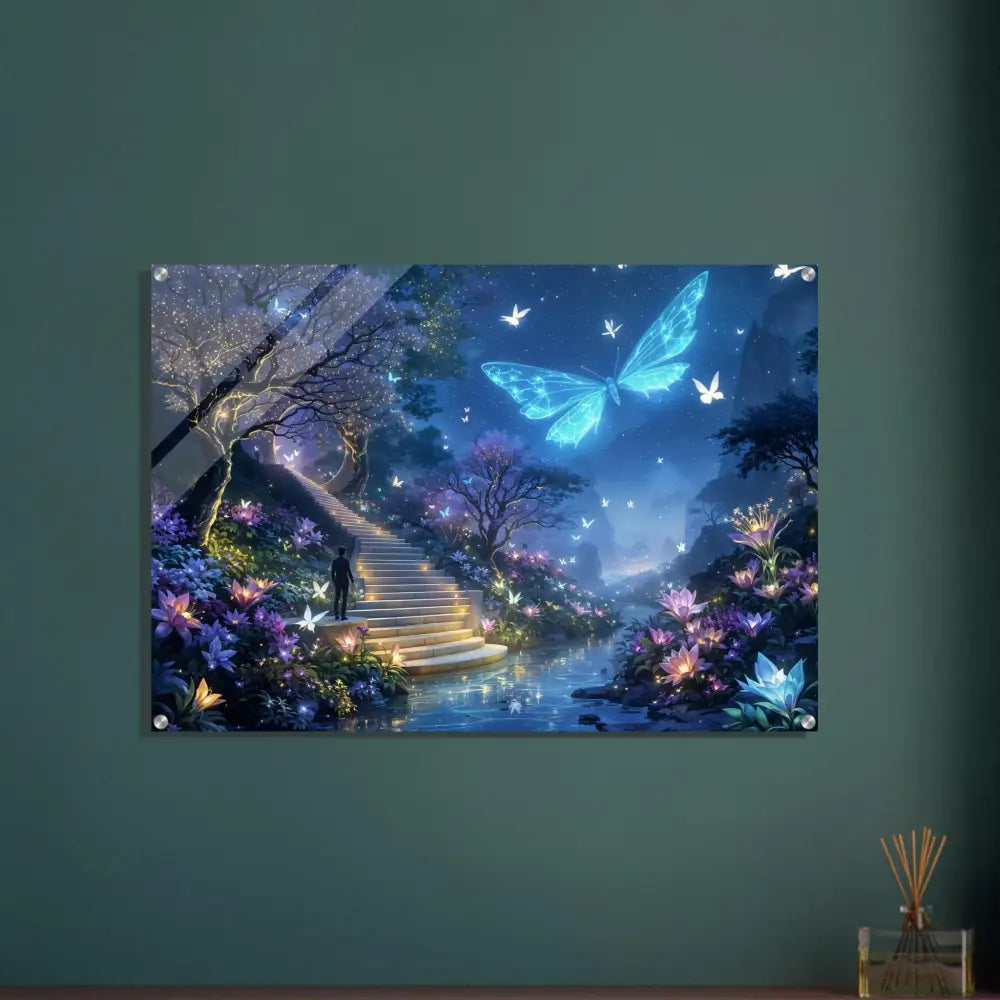 Acrylic print of a fantasy landscape titled Biolumina The Valley Beyond displayed in PixiOnyx collection